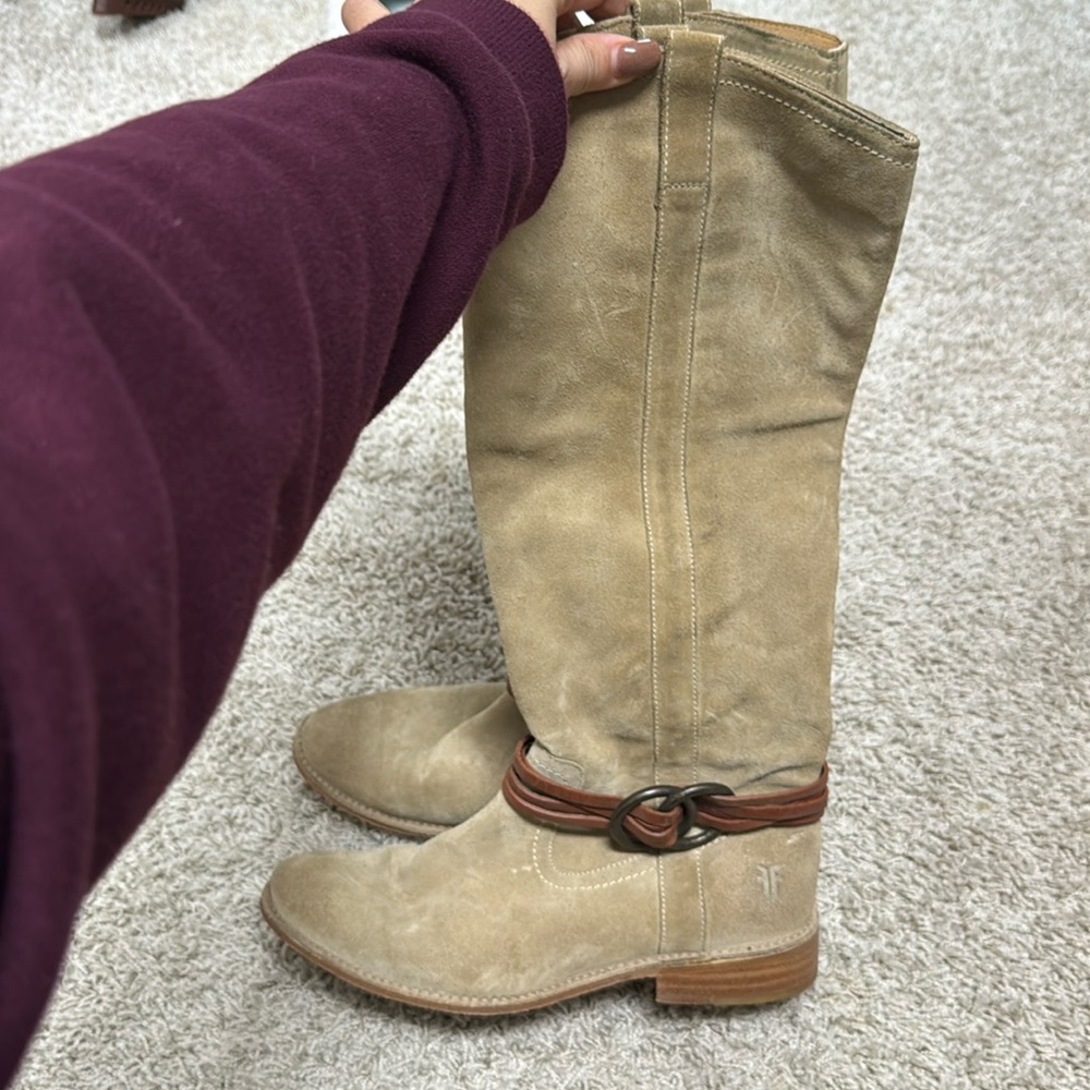 Frye Tan Suede Strap Riding Boots Size 7- fits like 7 1/2